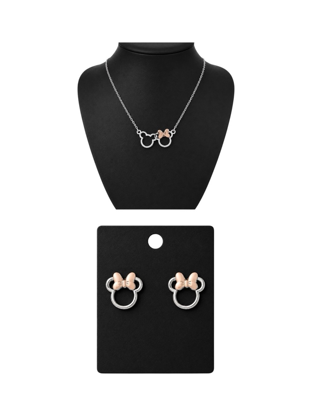 NWOT Women’s or Girls Silver-Tone Disney Minnie & Mickey Necklace & Earrings Set